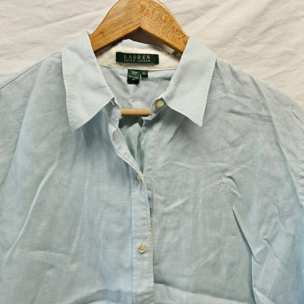 Lauren Ralph Lauren Linen Button Down Shirt Womens XL Light Blue Roll Tab Sleeve - Picture 2 of 12